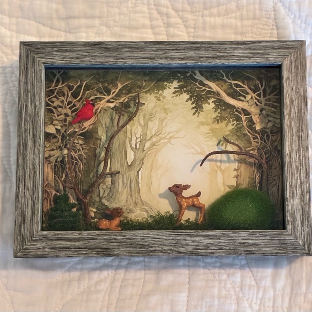 Woodland Shadow Box with Deer and Cardinal